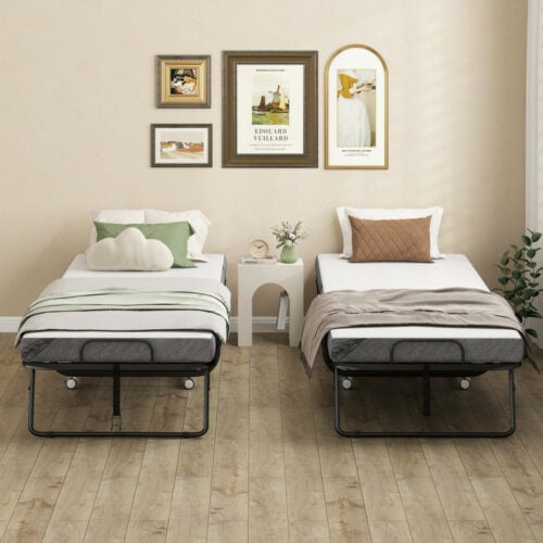Sammenleggbar gjesteseng 200 x 90 cm med hjul og 10 cm madrass Sammenleggbar gjesteseng 200 x 90 cm med hjul og 10 cm madrass