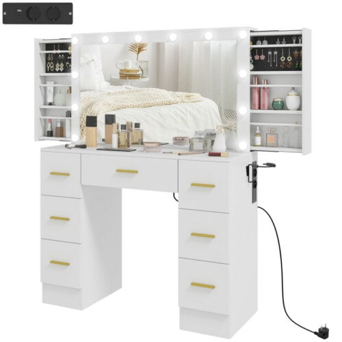 Sminkebord med LED-speil, USB og stikkontakter, skuffer, skjult oppbevaring – 100 x 40 x 137 cm Sminkebord med LED-speil, USB og stikkontakter, skuffer, skjult oppbevaring – 100 x 40 x 137 cm