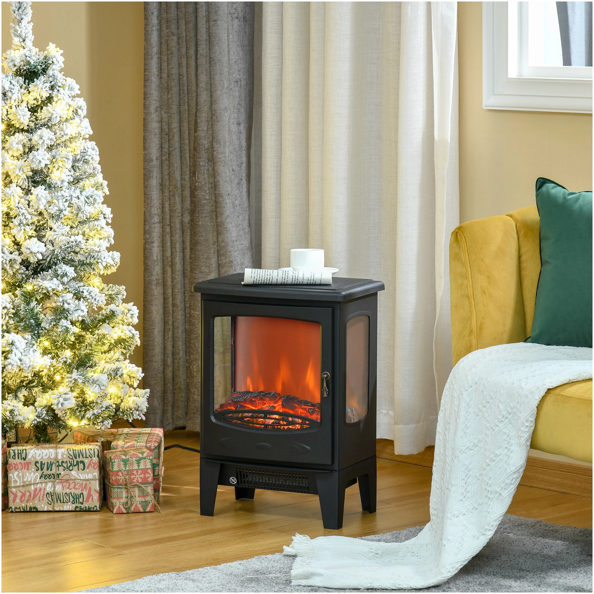 Elektrisk peis stående med 180° LED-flammeeffekt & doble varmenivåer Svart AS Elektrisk peis stående med 180° LED-flammeeffekt & doble varmenivåer Svart AS