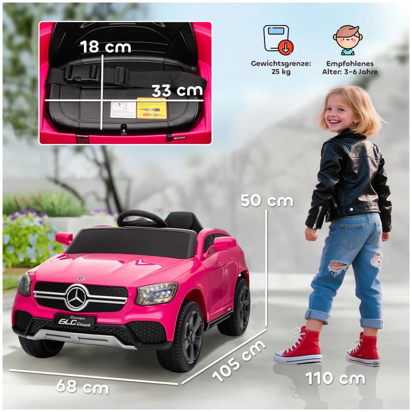 Barnebil Mercedes-Benz GLC Coupé rosa 12V lisensiert med fjernkontroll, LED-lys MP3 105×68×50 cm Barnebil Mercedes-Benz GLC Coupé rosa 12V lisensiert med fjernkontroll, LED-lys MP3 105×68×50 cm