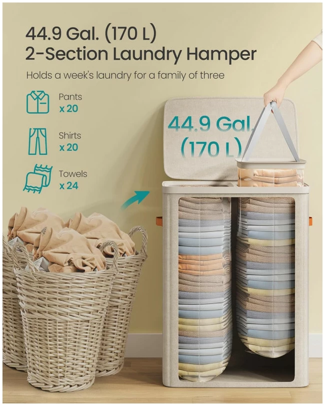 Skittentøyskurv med 2 rom, lokk og håndtak for enkel sortering – cappuccino beige  