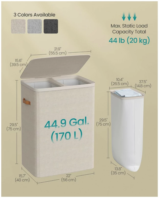 Skittentøyskurv med 2 rom, lokk og håndtak for enkel sortering – cappuccino beige  