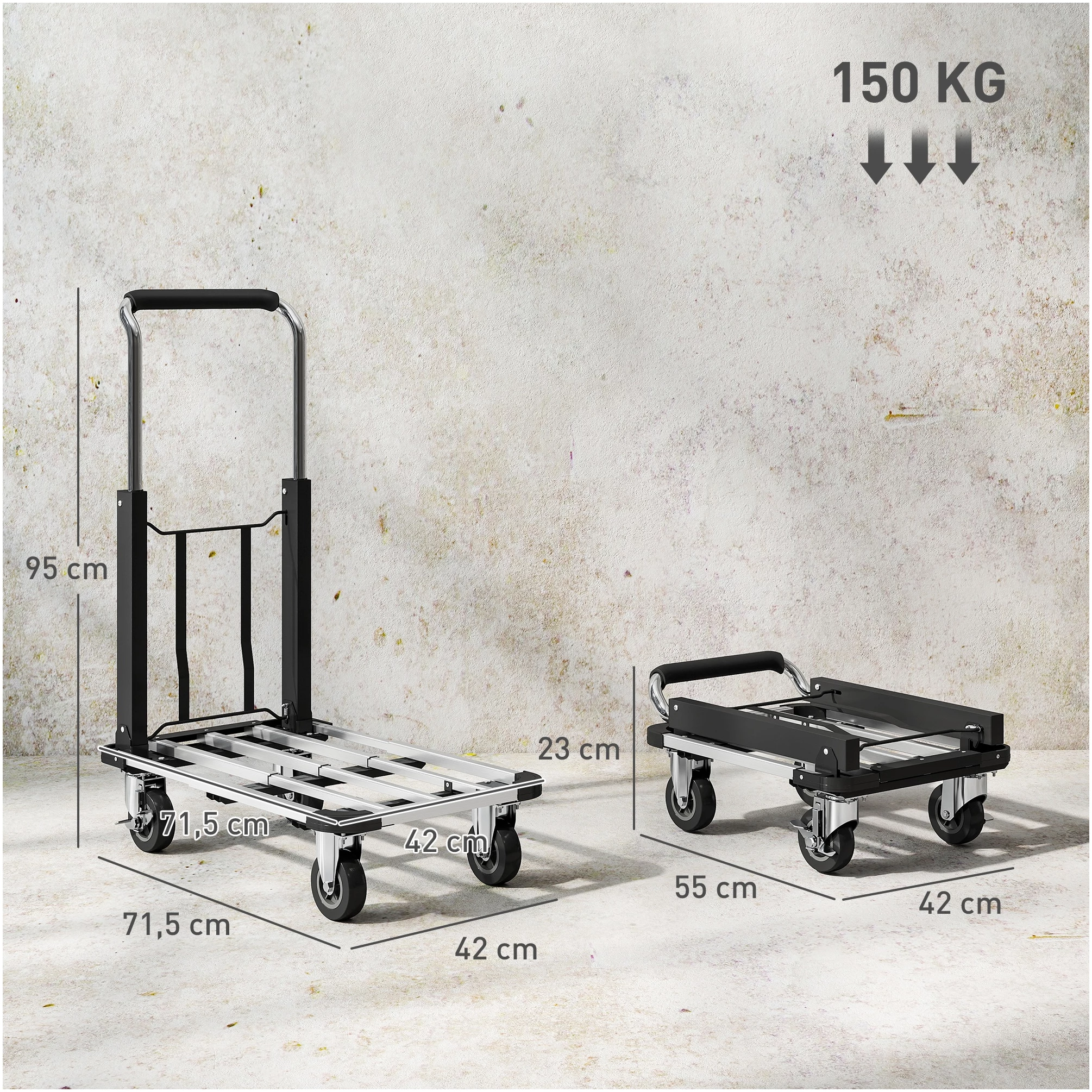 Sammenleggbar transportvogn 150 kg belastning med justerbar plattform 71,5 x 42 x 95 cm AS Sammenleggbar transportvogn 150 kg belastning med justerbar plattform 71,5 x 42 x 95 cm AS