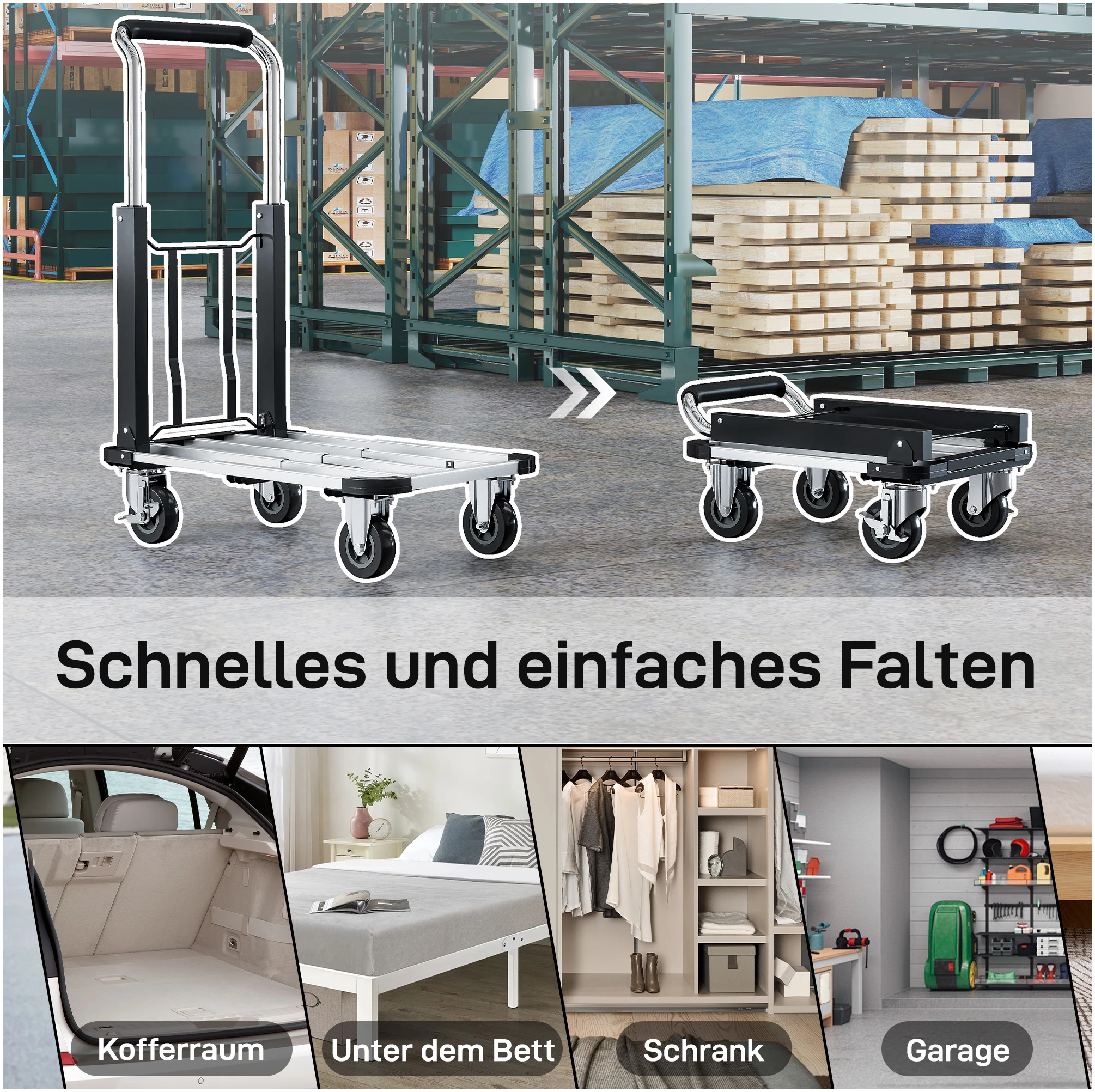 Sammenleggbar transportvogn 150 kg belastning med justerbar plattform 71,5 x 42 x 95 cm AS Sammenleggbar transportvogn 150 kg belastning med justerbar plattform 71,5 x 42 x 95 cm AS