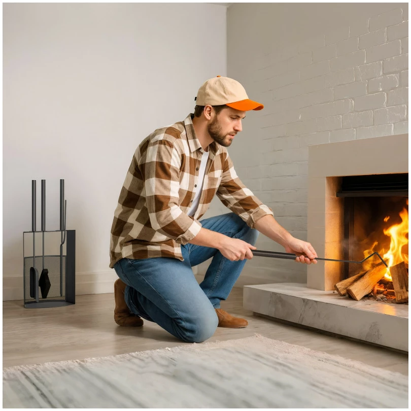 Ildstedverktøysett i metall med 5 deler og stativ 28 x 13 x 59,5 cm AS Ildstedverktøysett i metall med 5 deler og stativ 28 x 13 x 59,5 cm AS