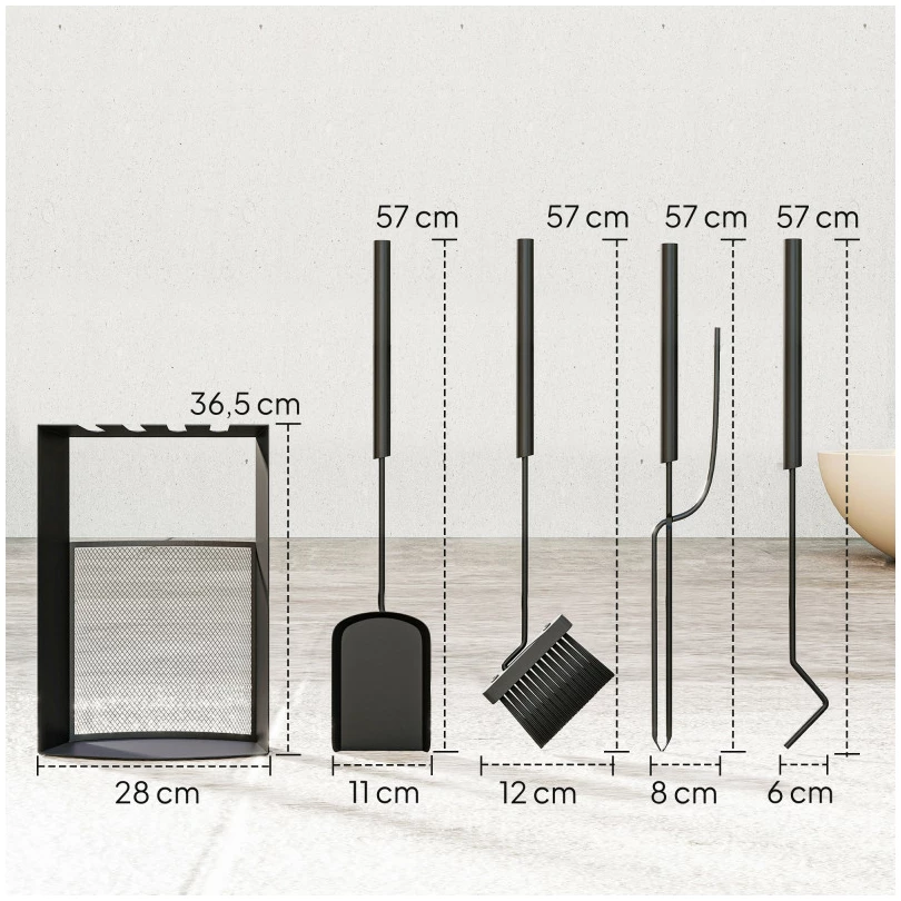 Ildstedverktøysett i metall med 5 deler og stativ 28 x 13 x 59,5 cm AS Ildstedverktøysett i metall med 5 deler og stativ 28 x 13 x 59,5 cm AS