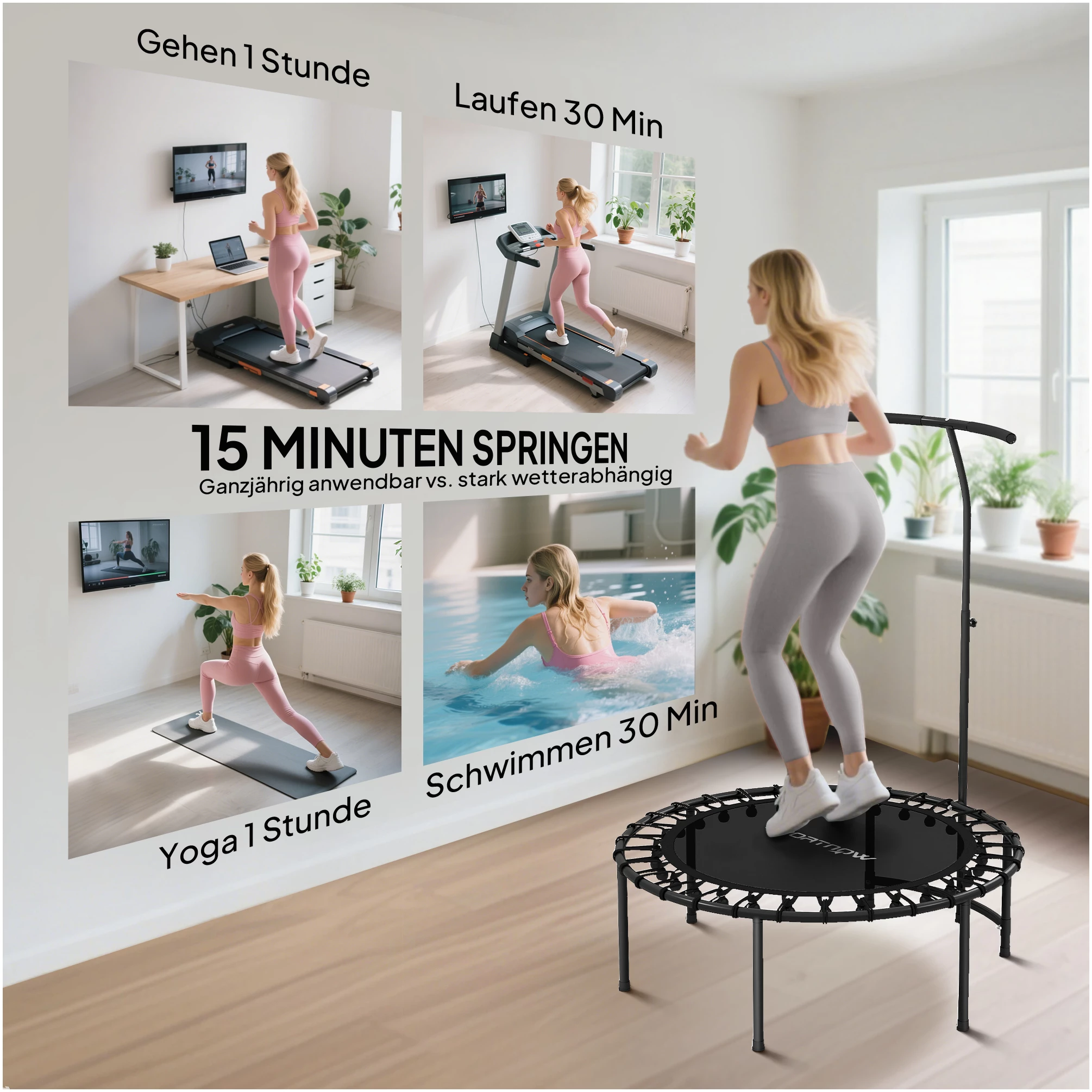 Fitness-trampolin med justerbart håndtak – skånsom og effektiv trening for kondisjon, koordinasjon og balanse AS Fitness-trampolin med justerbart håndtak – skånsom og effektiv trening for kondisjon, koordinasjon og balanse AS