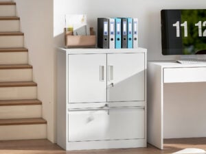 Kontors oppbevaringsskap med låsbar hengemappeskuff og dører hvit stål 80 x 40 x 95 cm AS Kontors oppbevaringsskap med låsbar hengemappeskuff og dører hvit stål 80 x 40 x 95 cm AS