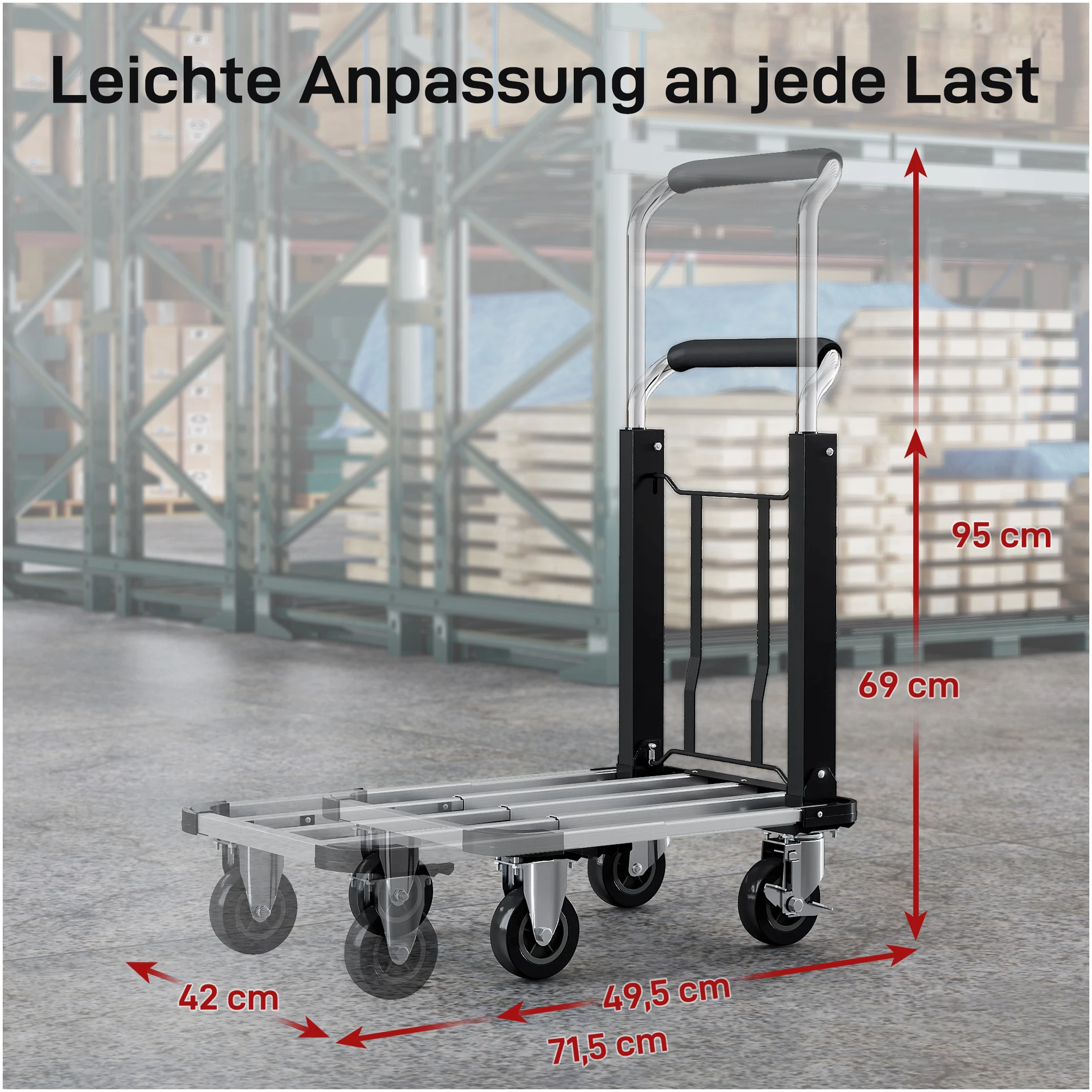 Sammenleggbar transportvogn 150 kg belastning med justerbar plattform 71,5 x 42 x 95 cm AS Sammenleggbar transportvogn 150 kg belastning med justerbar plattform 71,5 x 42 x 95 cm AS