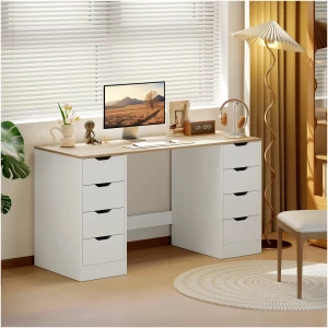 Skrivebord med 8 skuffer og moderne design 140 × 53 × 75 cm hvit/eik AS Skrivebord med 8 skuffer og moderne design 140 × 53 × 75 cm hvit/eik AS