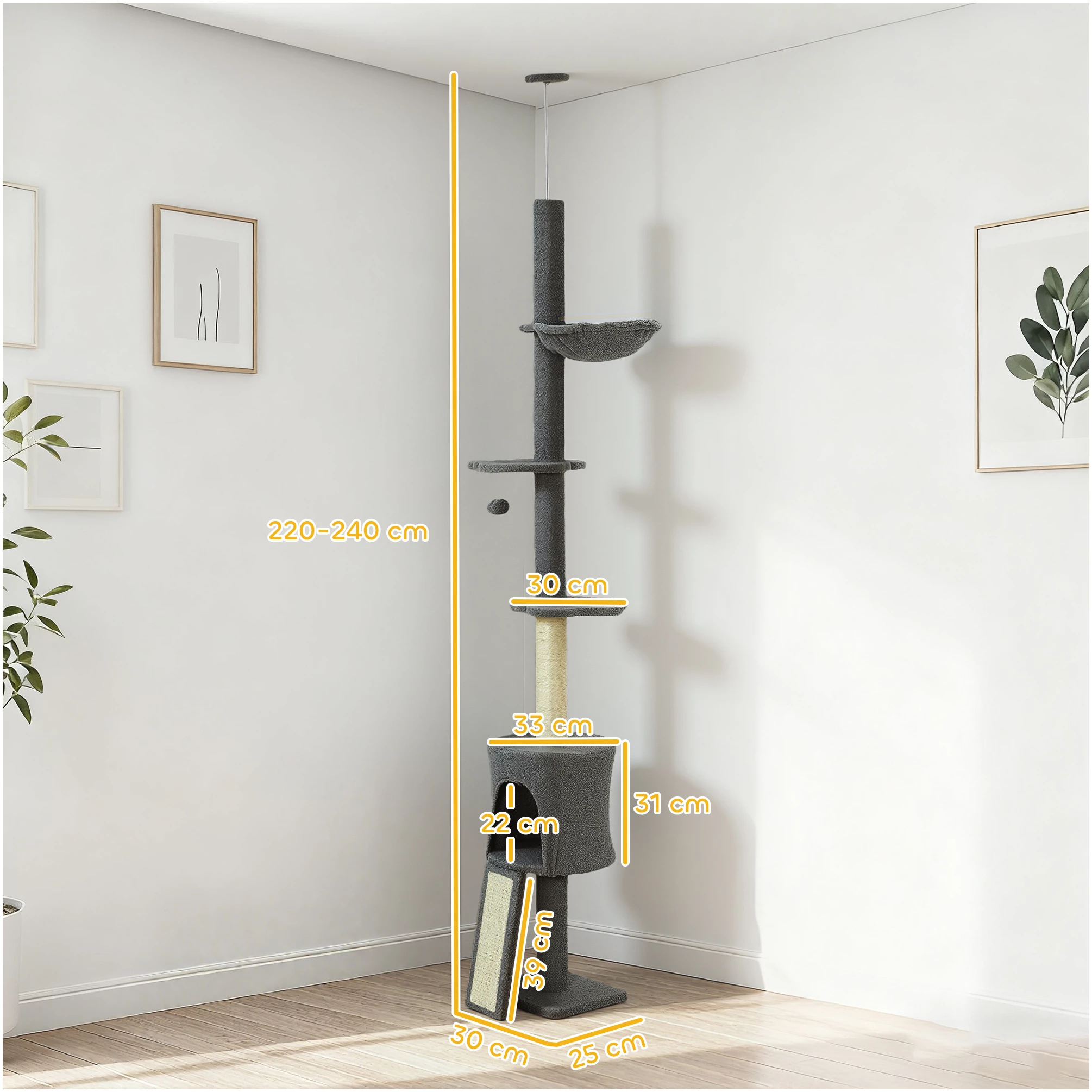 Kattestativ med hengekøye, takfeste og justerbar høyde 30 x 25 x 220–240 cm mørkegrå + kremhvit AS Kattestativ med hengekøye, takfeste og justerbar høyde 30 x 25 x 220–240 cm mørkegrå + kremhvit AS
