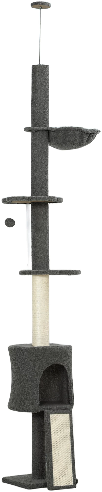 Kattestativ med hengekøye, takfeste og justerbar høyde 30 x 25 x 220–240 cm mørkegrå + kremhvit AS Kattestativ med hengekøye, takfeste og justerbar høyde 30 x 25 x 220–240 cm mørkegrå + kremhvit AS