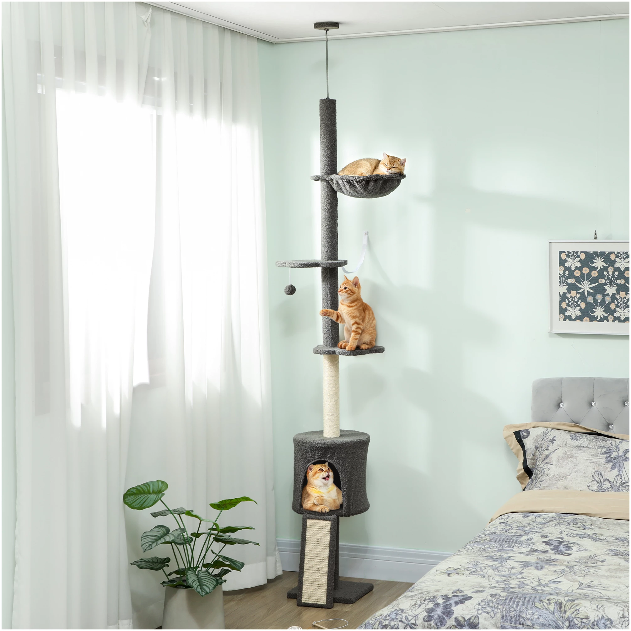 Kattestativ med hengekøye, takfeste og justerbar høyde 30 x 25 x 220–240 cm mørkegrå + kremhvit AS Kattestativ med hengekøye, takfeste og justerbar høyde 30 x 25 x 220–240 cm mørkegrå + kremhvit AS