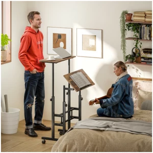 Hev- og senkbart skrivebord med vinkelbar bordplate og hjul i tre og stål – 60 x 60 x 70,5–120 cm svart/brun Hev- og senkbart skrivebord med vinkelbar bordplate og hjul i tre og stål – 60 x 60 x 70,5–120 cm svart/brun