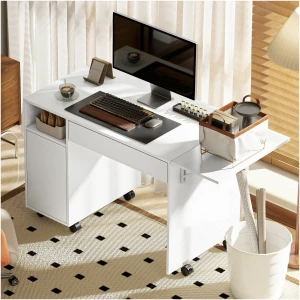 Uttrekkbart skrivebord med oppbevaring og hjul – Hvit 100–130 x 58 x 73,2 cm AS Uttrekkbart skrivebord med oppbevaring og hjul – Hvit 100–130 x 58 x 73,2 cm AS