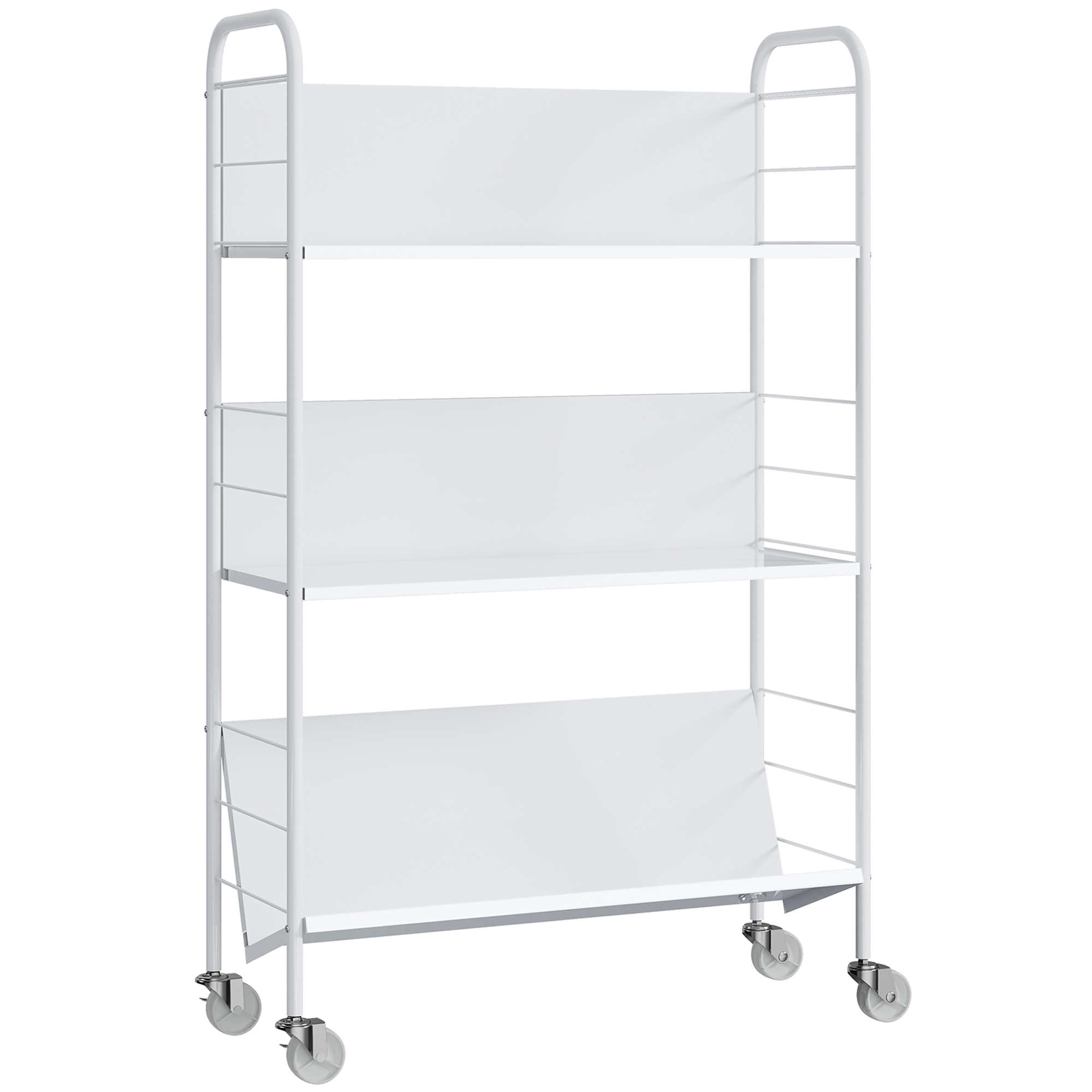 Bokhylle med oppbevaring 3 nivåer med hjul hvit – låsbare hjul, 69 x 26 x 108 cm