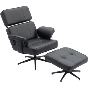 Justerbar hvilestol med fotskammel, svart i kunstskinn – metallbase AS Justerbar hvilestol med fotskammel, svart i kunstskinn – metallbase AS