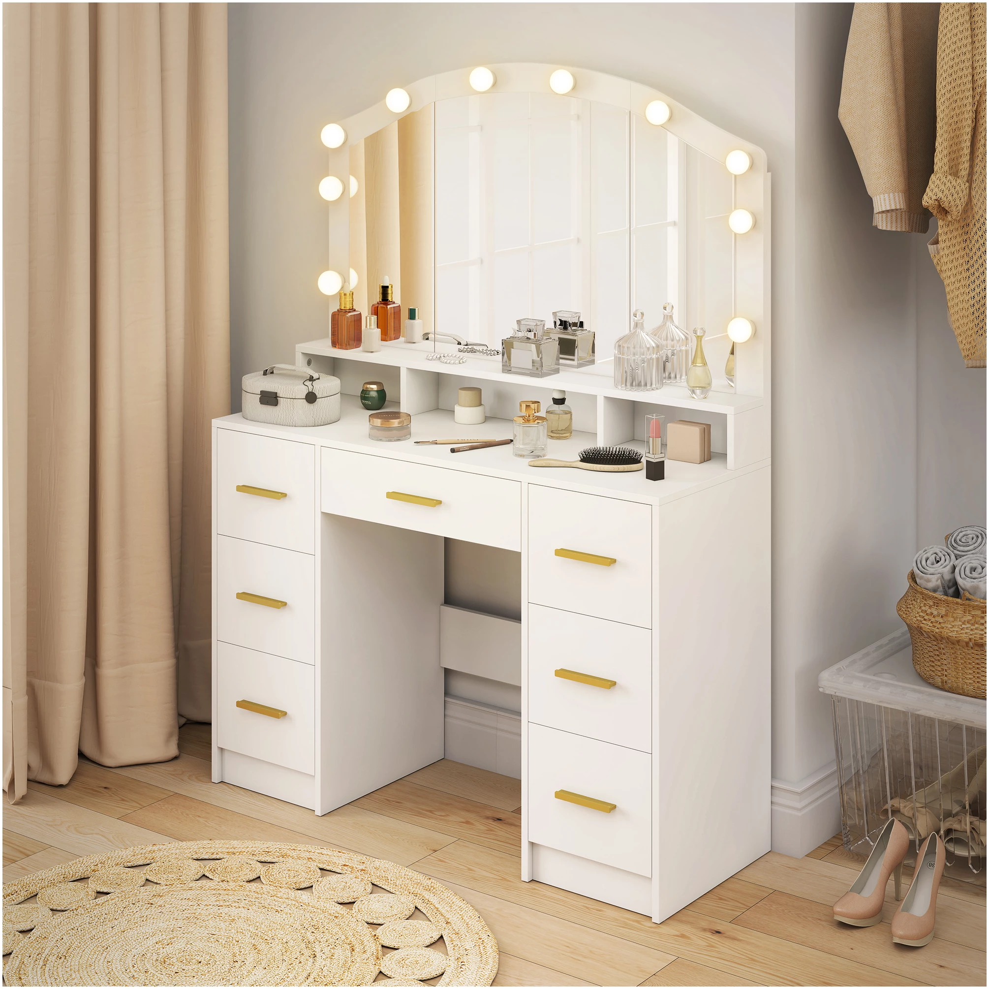Sminkebord, hvitt, med speil og 10 LED-lys – 7 skuffer, MDF, 110 × 40 × 150 cm AS Sminkebord, hvitt, med speil og 10 LED-lys – 7 skuffer, MDF, 110 × 40 × 150 cm AS