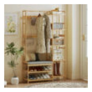 Klesstativ 5-i-1 åpen garderobe med skobenk og 5 hyller i bambus – 104 x 33 x 175 cm AS Klesstativ 5-i-1 åpen garderobe med skobenk og 5 hyller i bambus – 104 x 33 x 175 cm AS