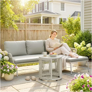 Hagemøbelsett Grå 3 Deler Polyrattan Med Puter Og Glassbord Hagemøbelsett Grå 3 Deler Polyrattan Med Puter Og Glassbord