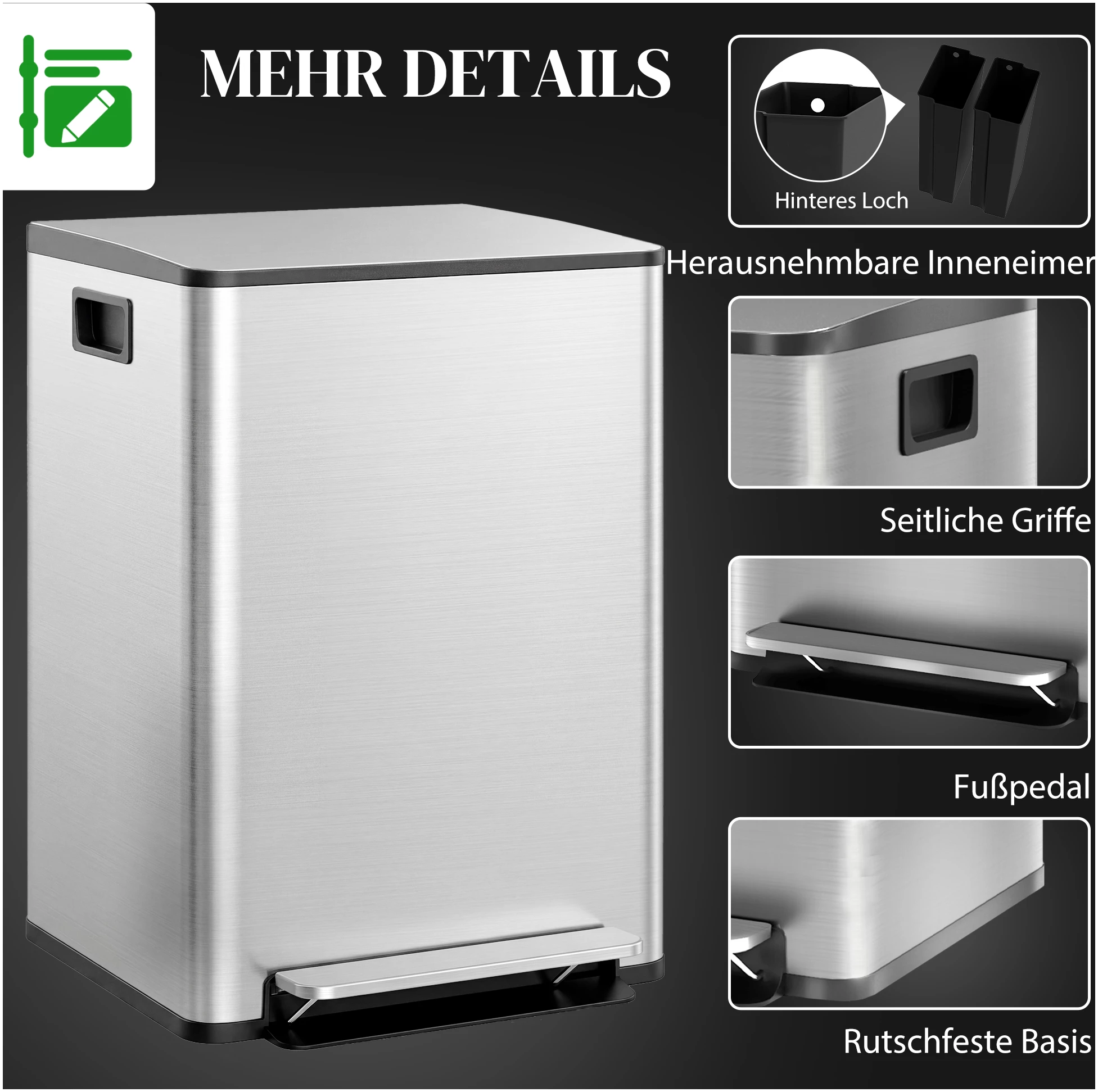 Søppelbøtte Sølv 2 x 30 L Rustfritt Stål Soft-Close Søppelbøtte Sølv 2 x 30 L Rustfritt Stål Soft-Close