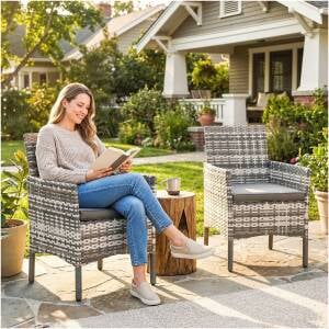 Hagestolsett Grå Polyrattan Med Puter Stålramme 2 Stk  