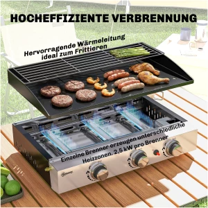 Bærbar Bordgassgrill Svart 7,5 kW 3 Brennere Keramisk Belegg
