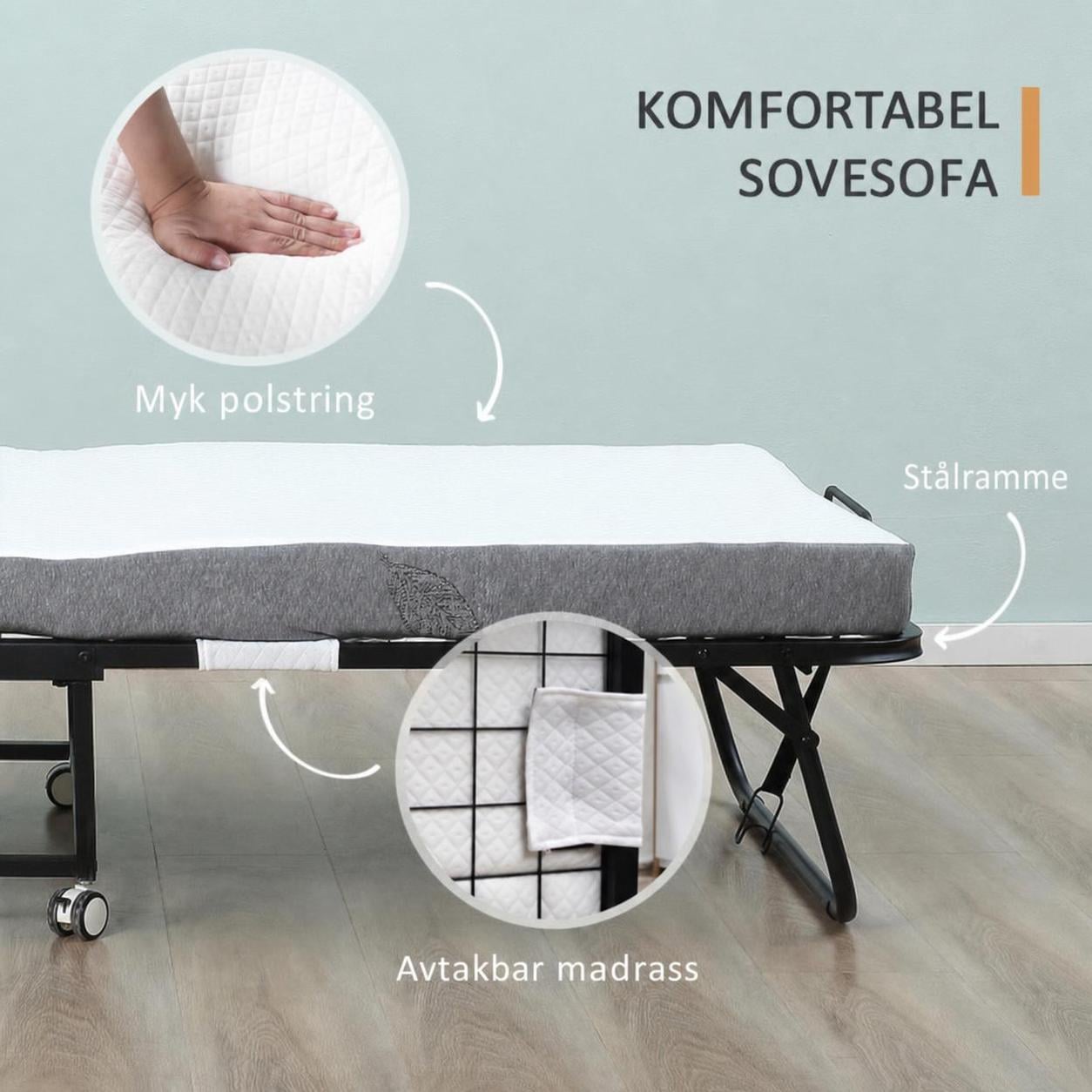 Sammenleggbar gjesteseng 200 x 90 cm med hjul og 10 cm madrass Sammenleggbar gjesteseng 200 x 90 cm med hjul og 10 cm madrass