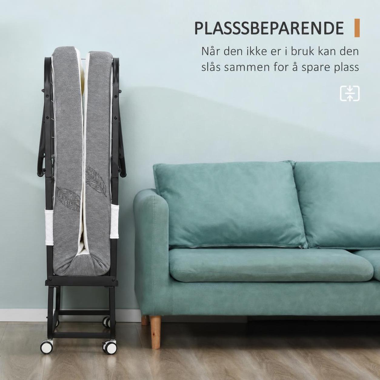 Sammenleggbar gjesteseng 200 x 90 cm med hjul og 10 cm madrass Sammenleggbar gjesteseng 200 x 90 cm med hjul og 10 cm madrass