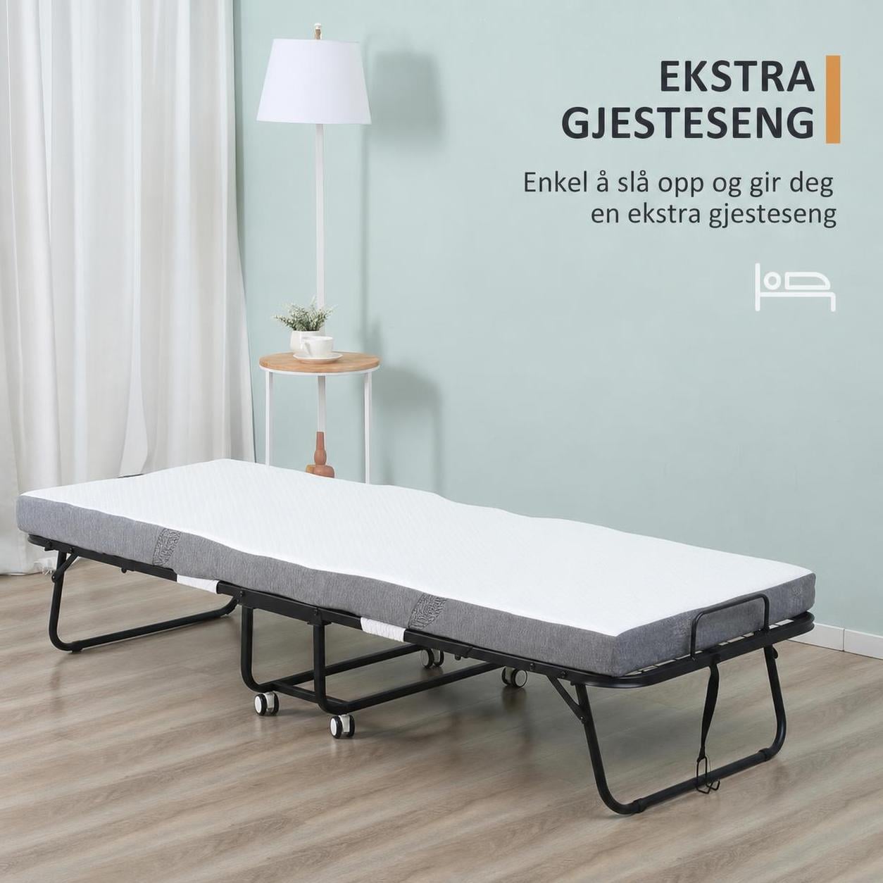 Sammenleggbar gjesteseng 200 x 90 cm med hjul og 10 cm madrass Sammenleggbar gjesteseng 200 x 90 cm med hjul og 10 cm madrass