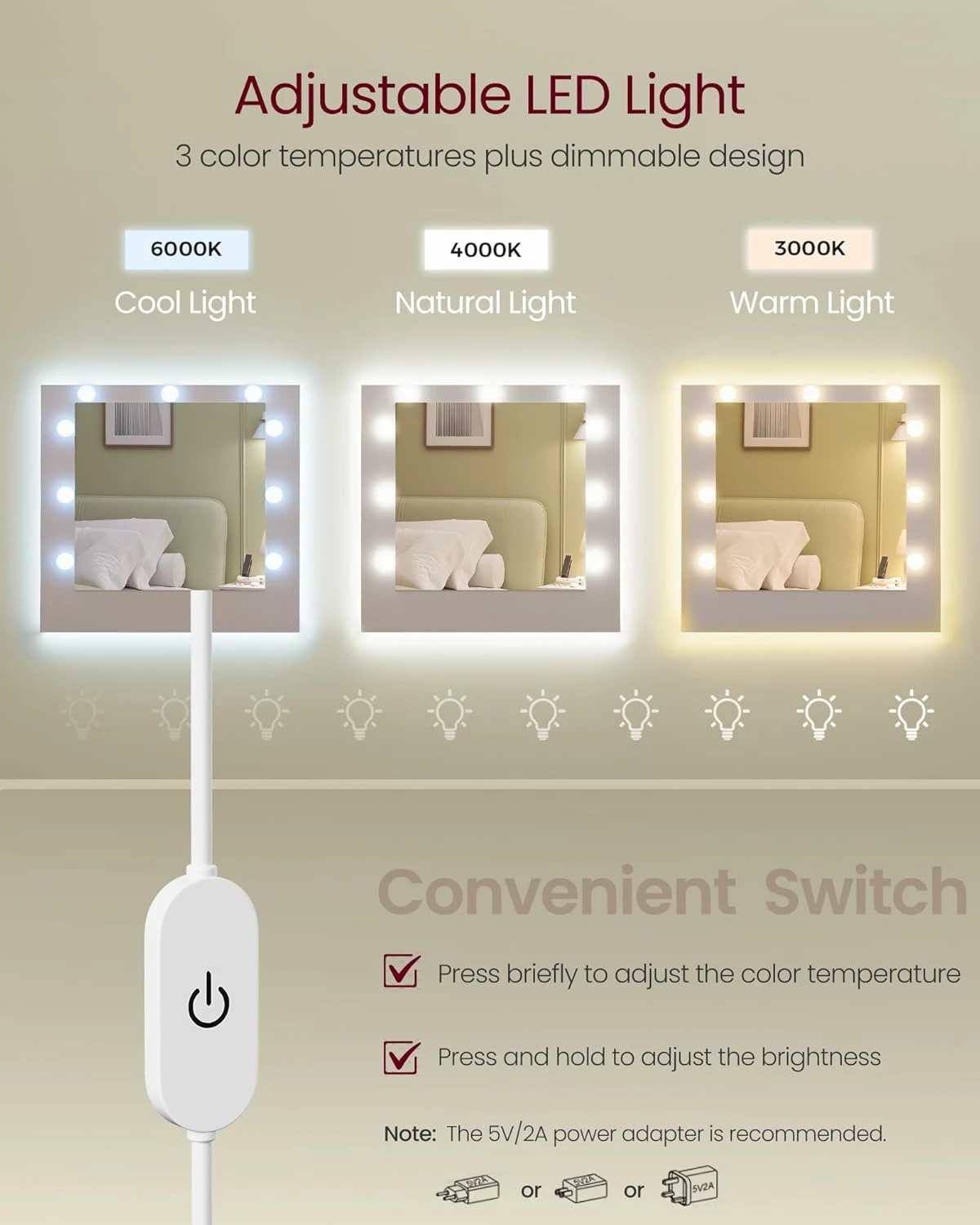 Sminkebord med LED-speil, stikkontakter, 2 skap, 9 dimbare lyspærer og 3 lysfarger Sminkebord med LED-speil, stikkontakter, 2 skap, 9 dimbare lyspærer og 3 lysfarger