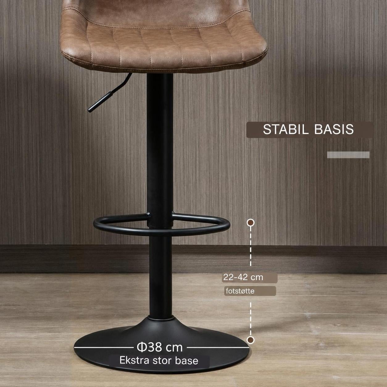 2x Barstol vintage brunt skinn med fotstøtte, justerbar høyde, 43 x 49,5 x 111 cm 2x Barstol vintage brunt skinn med fotstøtte, justerbar høyde, 43 x 49,5 x 111 cm