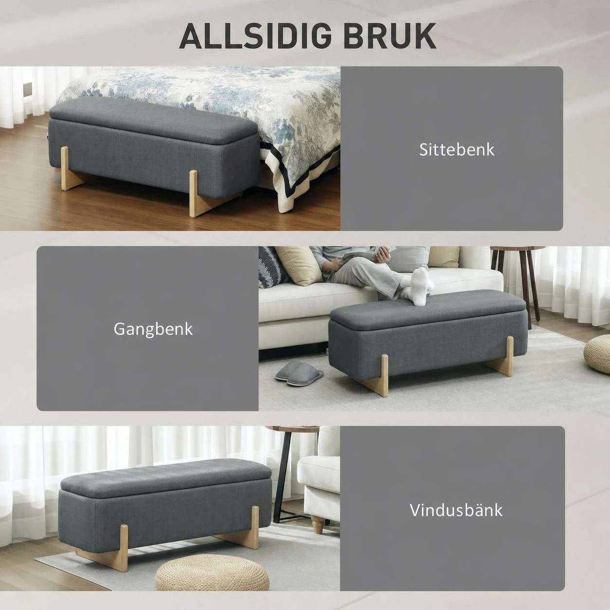 Entrébenk/Sengebenk med oppbevaring mørk grå linlook trebase 111×44×44,5 cm Entrébenk/Sengebenk med oppbevaring mørk grå linlook trebase 111×44×44,5 cm