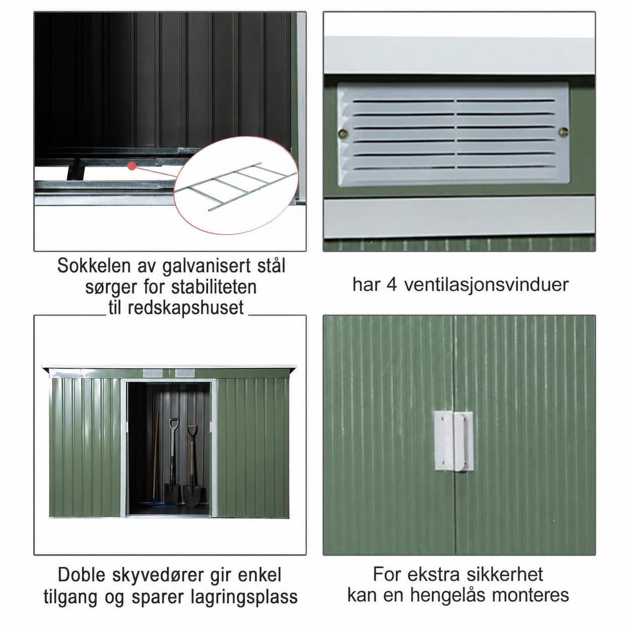 Redskapsbod med Skyvedør 280 x 130 x 172 cm Metall Lysegrønn Redskapsbod med Skyvedør 280 x 130 x 172 cm Metall Lysegrønn