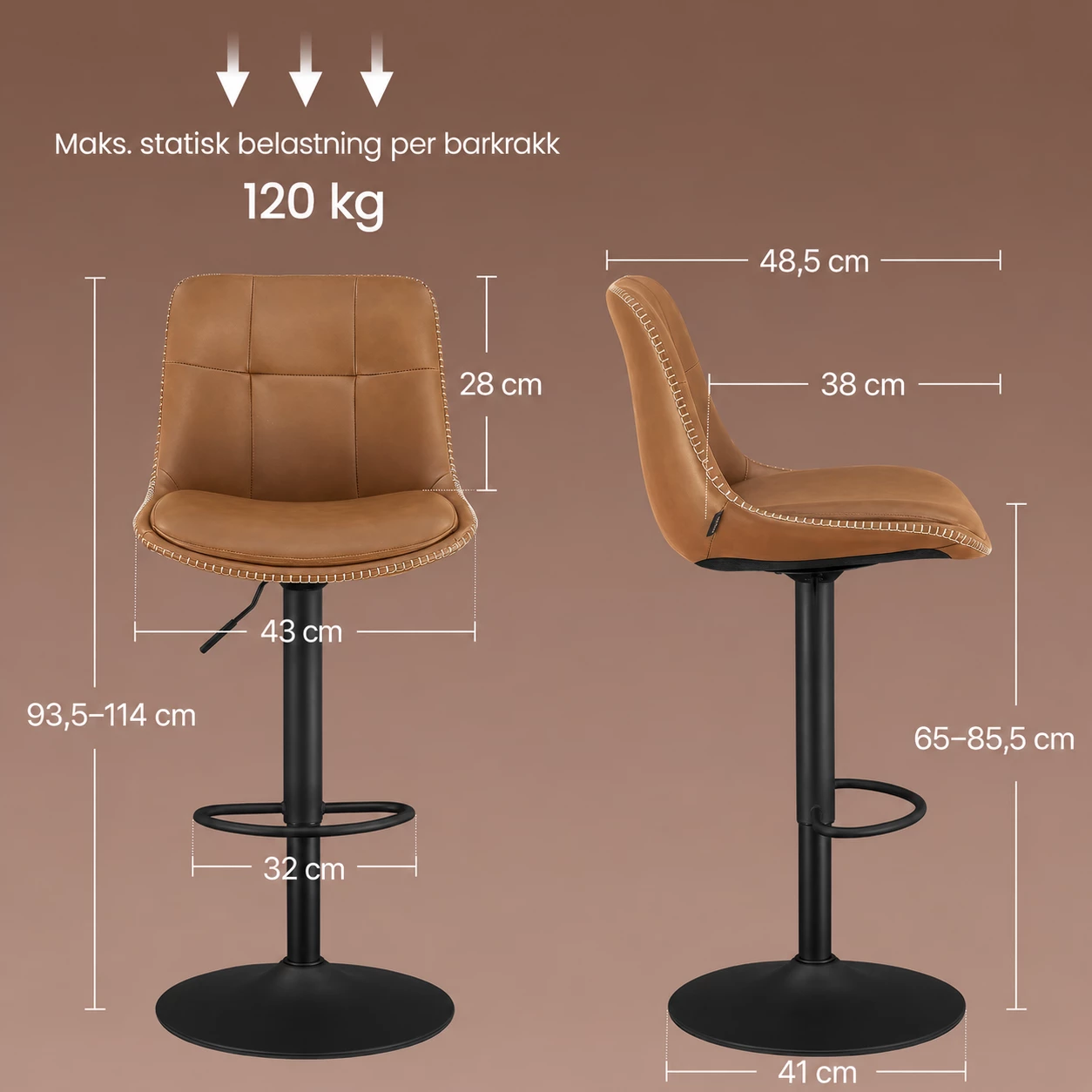 Barstoler 2-pakning med ryggstøtte og fotstøtte – høydejusterbare 62–84 cm, roterbare, brun Barstoler 2-pakning med ryggstøtte og fotstøtte – høydejusterbare 62–84 cm, roterbare, brun