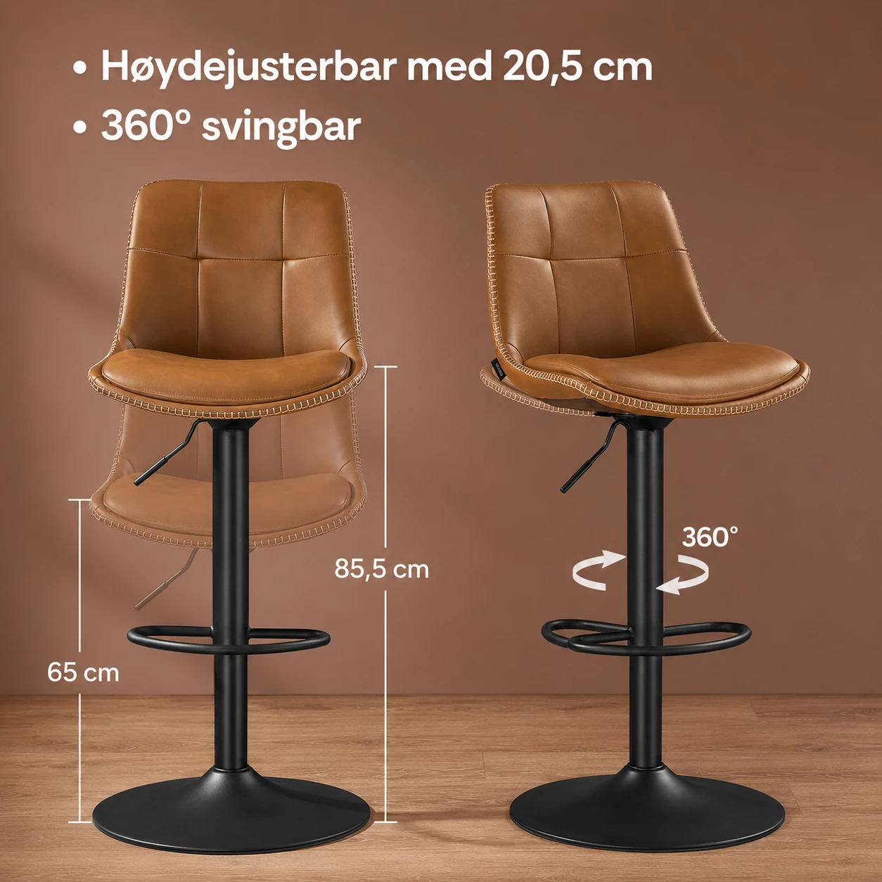 Barstoler 2-pakning med ryggstøtte og fotstøtte – høydejusterbare 62–84 cm, roterbare, brun Barstoler 2-pakning med ryggstøtte og fotstøtte – høydejusterbare 62–84 cm, roterbare, brun