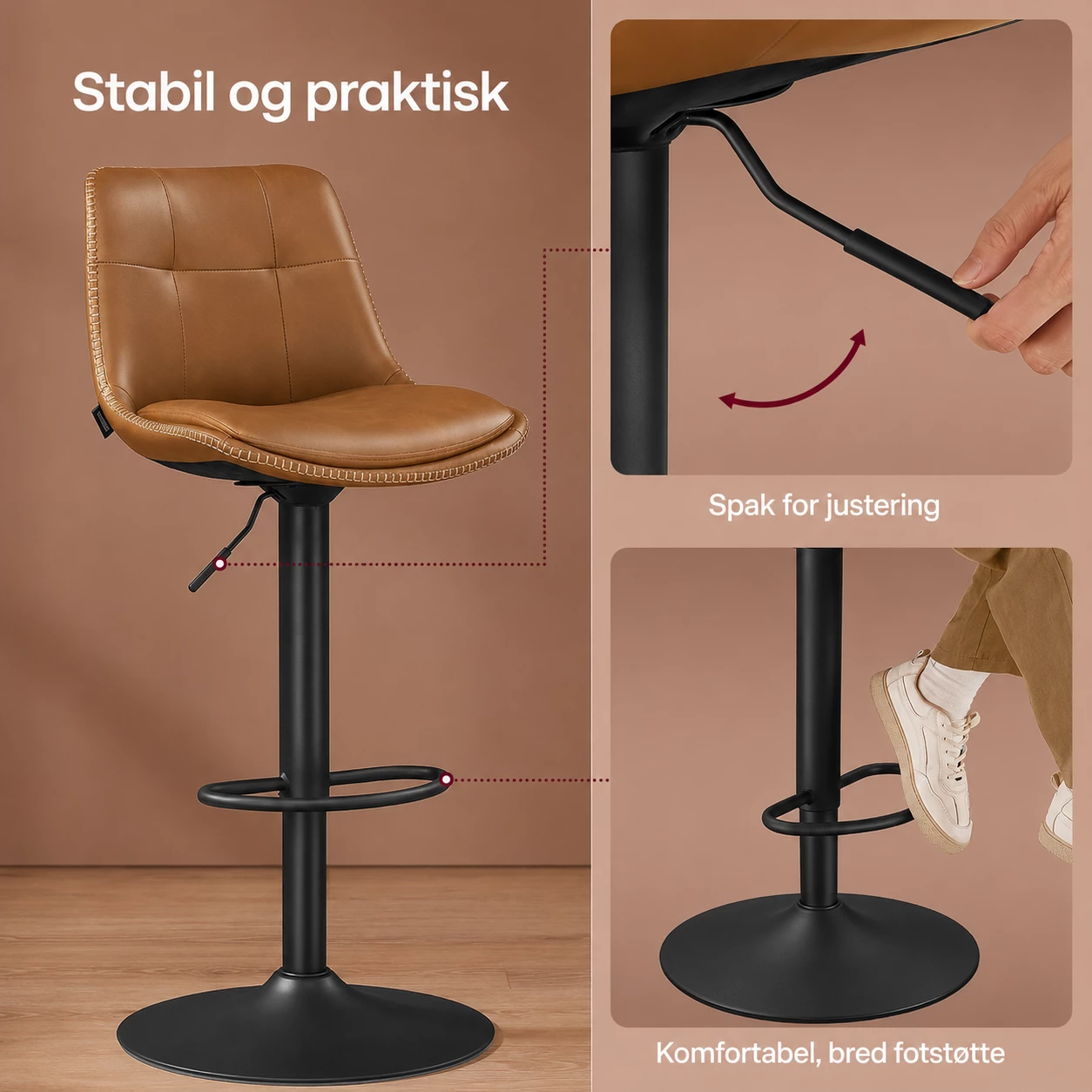 Barstoler 2-pakning med ryggstøtte og fotstøtte – høydejusterbare 62–84 cm, roterbare, brun Barstoler 2-pakning med ryggstøtte og fotstøtte – høydejusterbare 62–84 cm, roterbare, brun