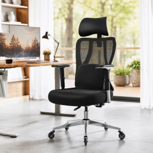 Ergonomisk kontorstol med hodestøtte og korsryggstøtte – 4D-armlener, justerbar rygg, svart  