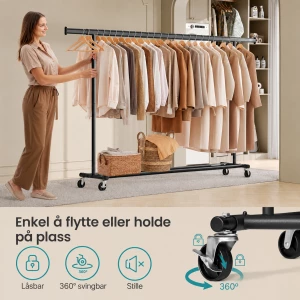 Klesstativ på hjul 160–200 cm – uttrekkbar klesstang, maks 150 kg, svart Klesstativ på hjul 160–200 cm – uttrekkbar klesstang, maks 150 kg, svart