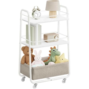 Oppbevaringsvogn på hjul med 3 nivåer og stoffkurv – 43 × 30 × 81 cm, hvit/brun Oppbevaringsvogn på hjul med 3 nivåer og stoffkurv – 43 × 30 × 81 cm, hvit/brun