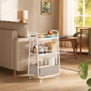 Oppbevaringsvogn på hjul med 3 nivåer og stoffkurv – 43 × 30 × 81 cm, hvit/brun Oppbevaringsvogn på hjul med 3 nivåer og stoffkurv – 43 × 30 × 81 cm, hvit/brun
