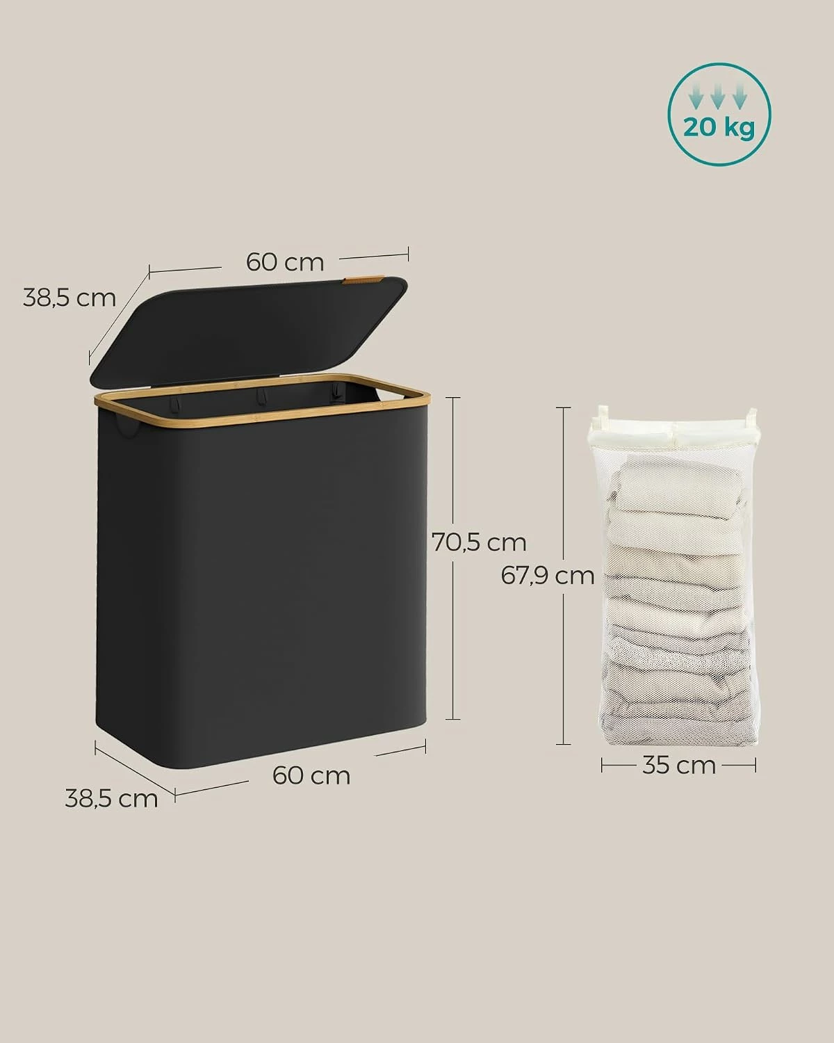 Skittentøyskurv med 3 rom og lokk 150 L – avtakbare vaskeposer, 60 × 38,5 × 70,5 cm, svart Skittentøyskurv med 3 rom og lokk 150 L – avtakbare vaskeposer, 60 × 38,5 × 70,5 cm, svart