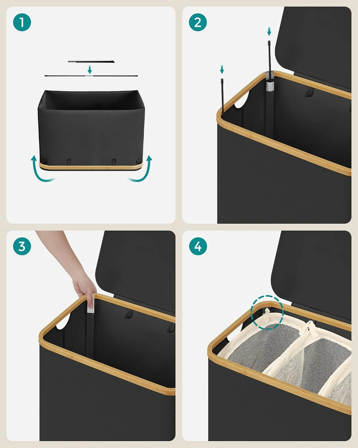 Skittentøyskurv med 3 rom og lokk 150 L – avtakbare vaskeposer, 60 × 38,5 × 70,5 cm, svart Skittentøyskurv med 3 rom og lokk 150 L – avtakbare vaskeposer, 60 × 38,5 × 70,5 cm, svart