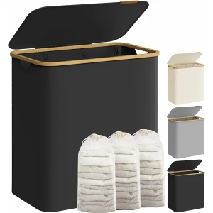 Skittentøyskurv med 3 rom og lokk 150 L – avtakbare vaskeposer, 60 × 38,5 × 70,5 cm, svart Skittentøyskurv med 3 rom og lokk 150 L – avtakbare vaskeposer, 60 × 38,5 × 70,5 cm, svart