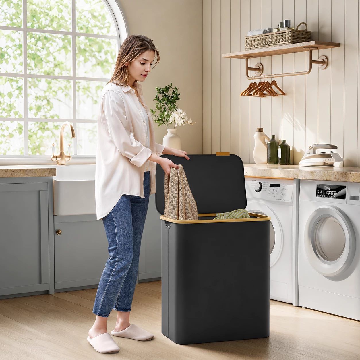 Skittentøyskurv med 3 rom og lokk 150 L – avtakbare vaskeposer, 60 × 38,5 × 70,5 cm, svart Skittentøyskurv med 3 rom og lokk 150 L – avtakbare vaskeposer, 60 × 38,5 × 70,5 cm, svart