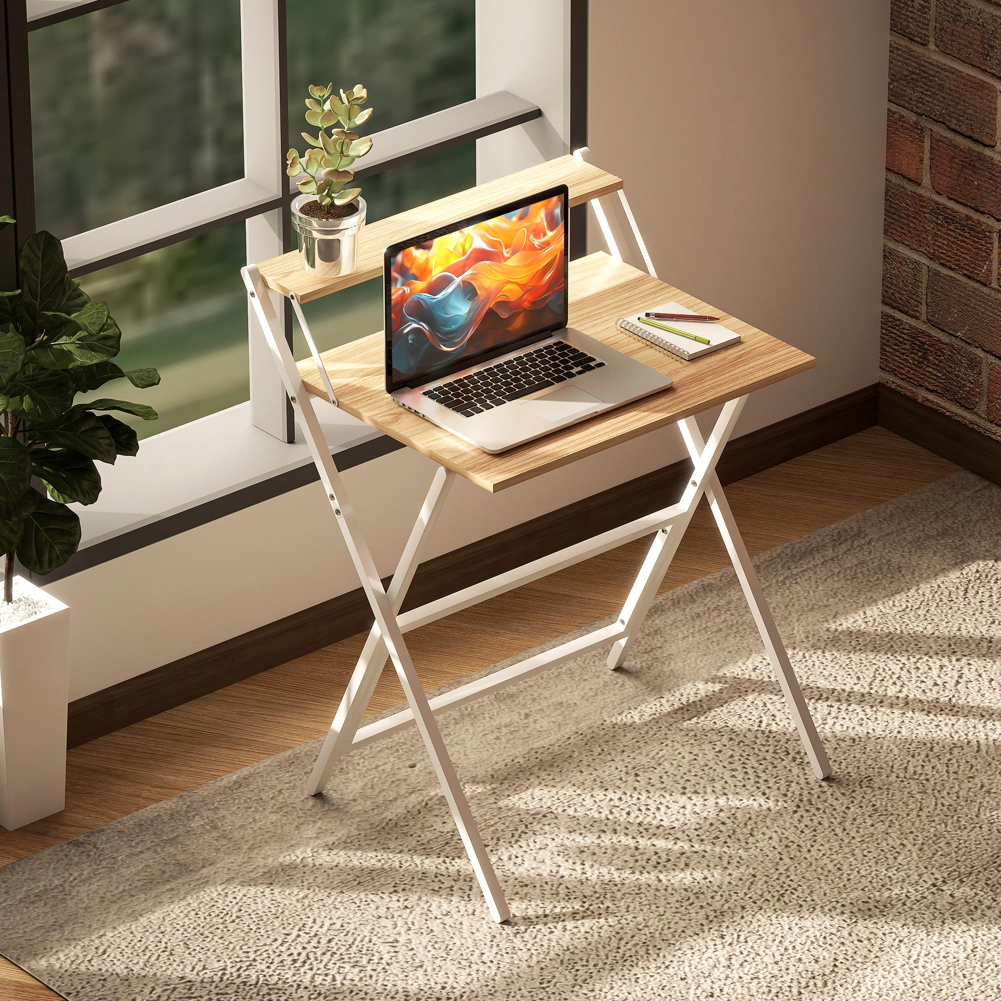 Sammenleggbart Skrivebord med Skjermstativ og Stålramme – Natur/Hvit, 70 cm Sammenleggbart Skrivebord med Skjermstativ og Stålramme – Natur/Hvit, 70 cm