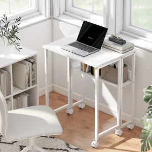 Sammenleggbart Skrivebord med Åpen Hylle, Sidelomme og Hjul – Hvit, 63 cm Sammenleggbart Skrivebord med Åpen Hylle, Sidelomme og Hjul – Hvit, 63 cm