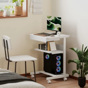 Rullbart Skrivebord med Skuff, Hyller og Låsbare Hjul – Hvit, 56 cm Rullbart Skrivebord med Skuff, Hyller og Låsbare Hjul – Hvit, 56 cm