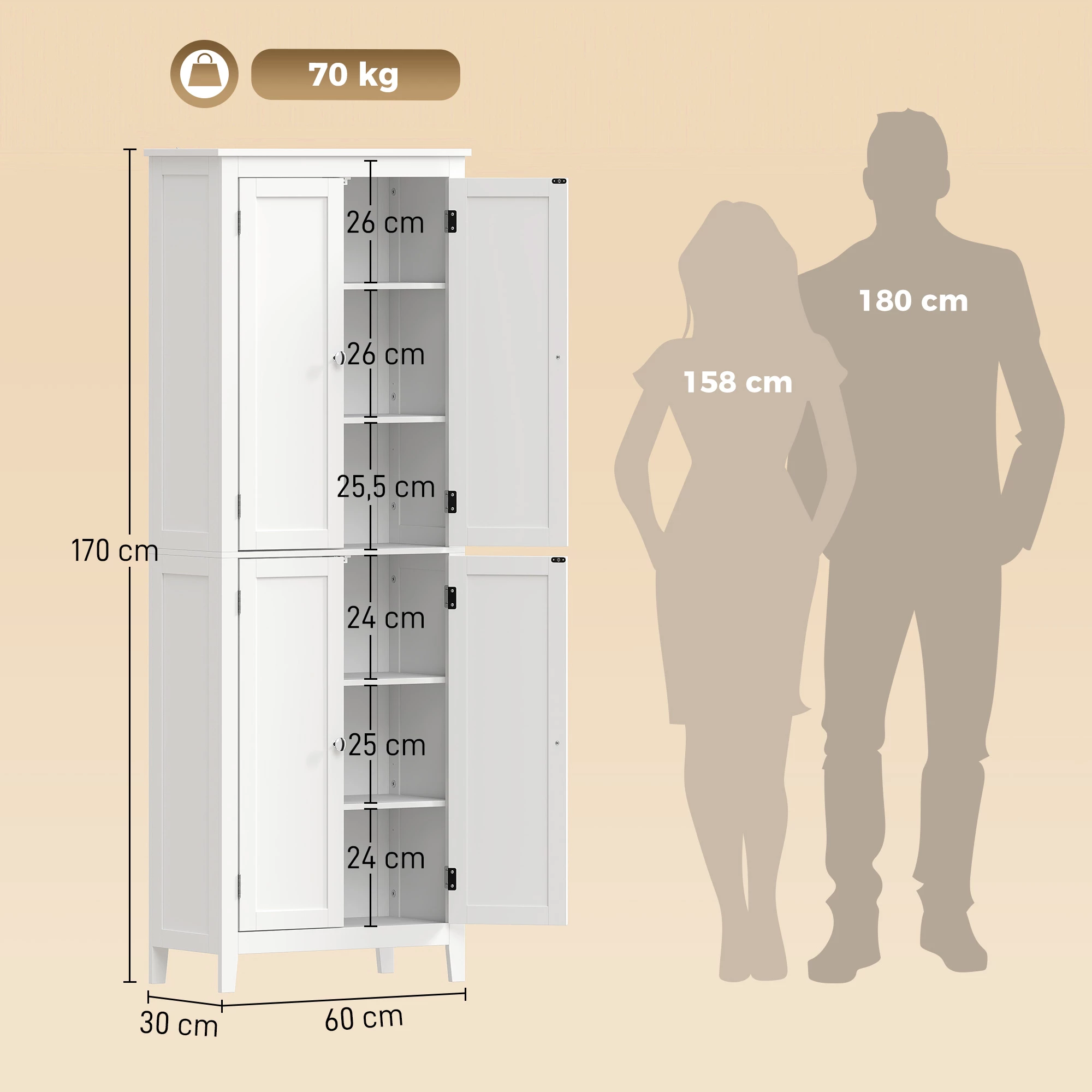 Høyt Baderomsskap med Doble Dører, Justerbare Hyller og Veltesikring – Hvit, 170 cm Høyt Baderomsskap med Doble Dører, Justerbare Hyller og Veltesikring – Hvit, 170 cm
