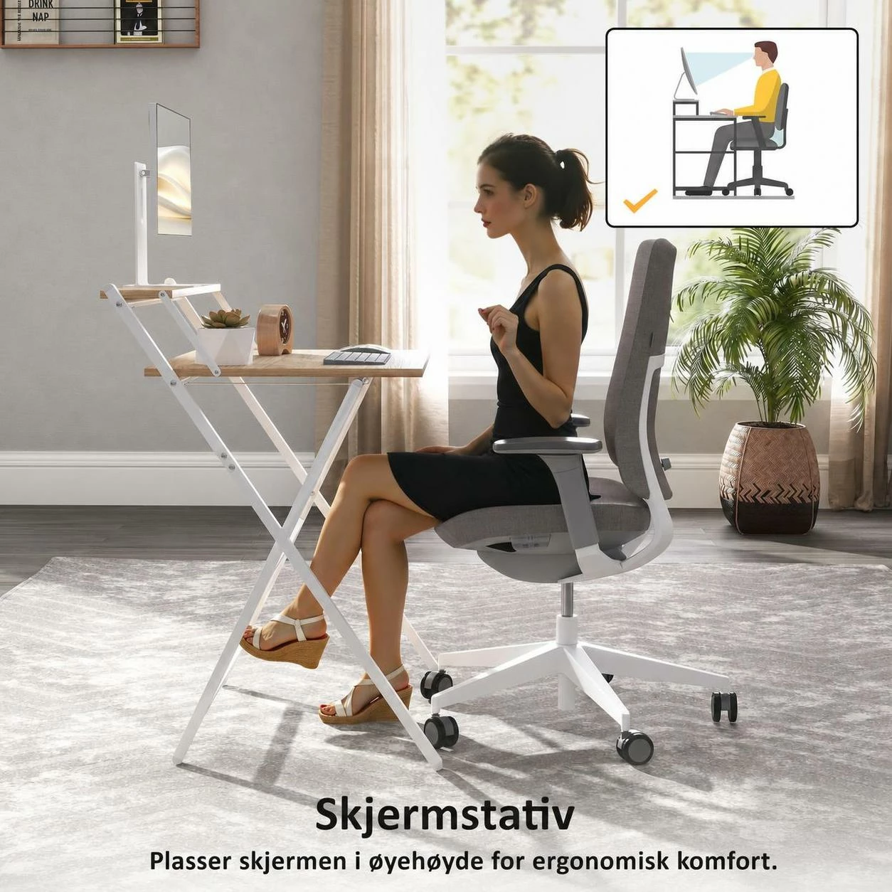 Sammenleggbart Skrivebord med Skjermstativ og Stålramme – Natur/Hvit, 70 cm Sammenleggbart Skrivebord med Skjermstativ og Stålramme – Natur/Hvit, 70 cm
